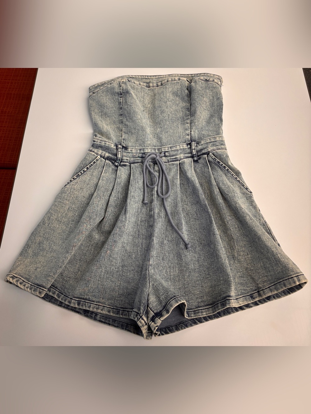 VICI Women’s Small Denim Strapless Romper Acid Wash Belted Pleated Shorts